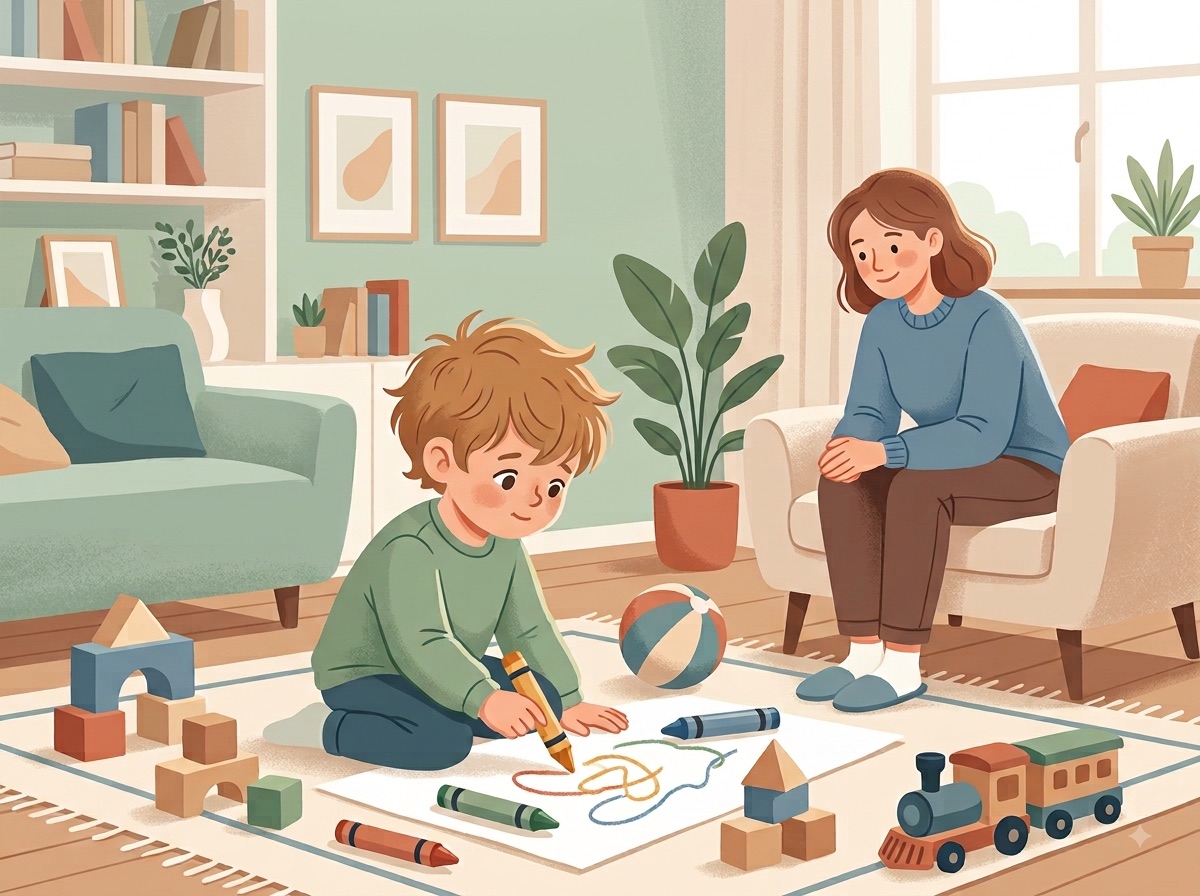 Un enfant dessine et joue pendant qu’une adulte l’observe avec bienveillance